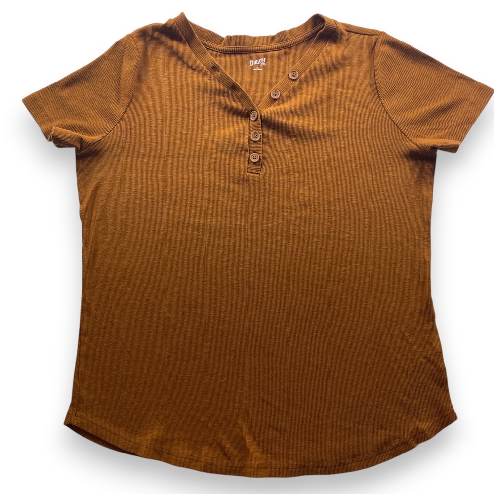 Duluth Trading Co Womens XL Rust Brown Ribbed Henley Short Sleeve Top 3832